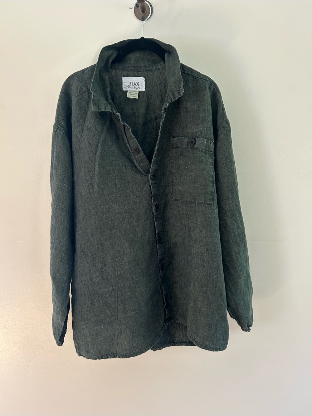 Flax Olive Green Linen oversized Button-Up shirt